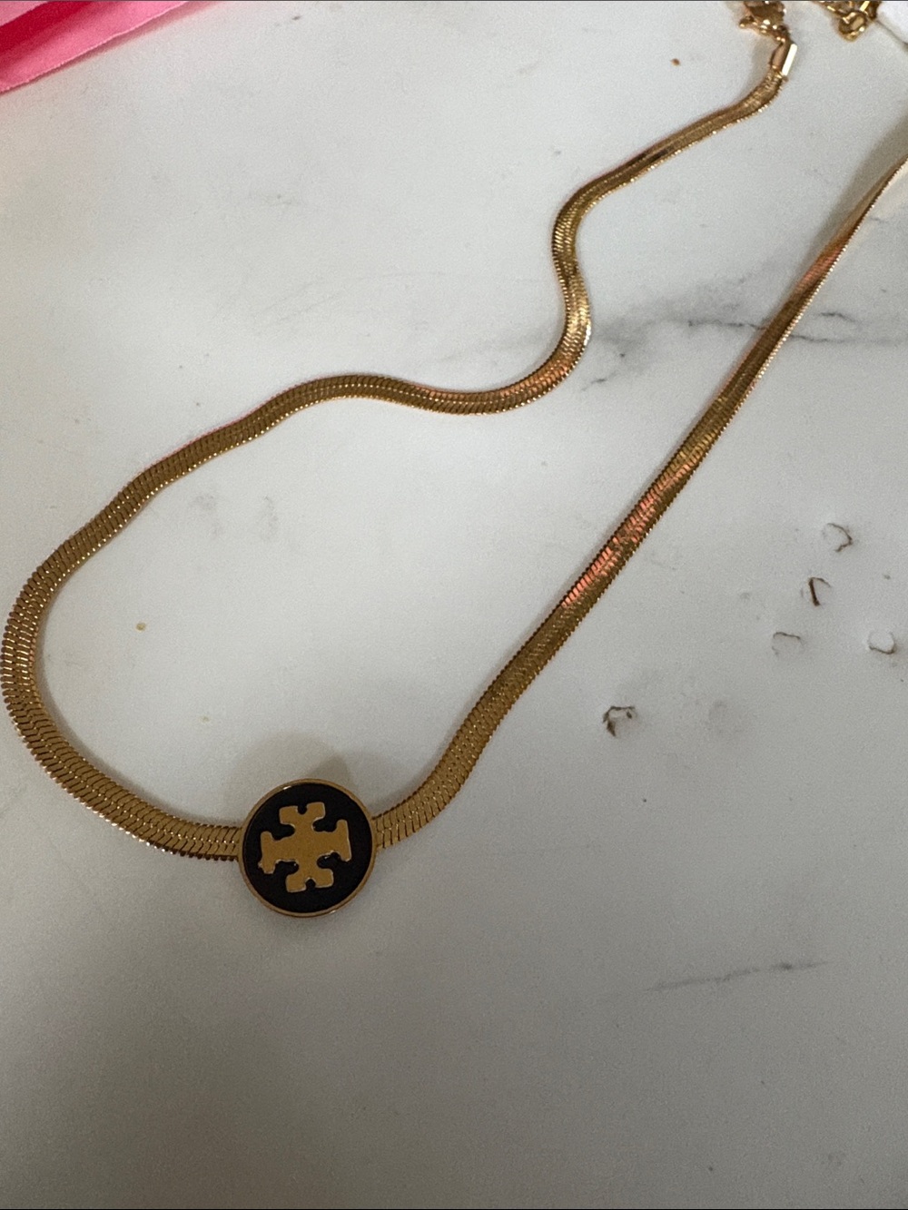 Gold Tone Black Enamel Logo Pendant Necklace - Unbranded